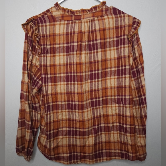 Frye• Ruffle orange/brown flacket button-down plaid shirt. Sz M - Picture 8 of 14